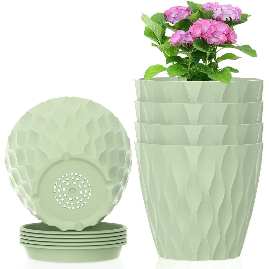 

6 inch Plant Pots 5 Set Water Ripples Flower Pots for Indoor Outdoor Plants Plastic Planters with Drainage Holes and Saucers Nu
