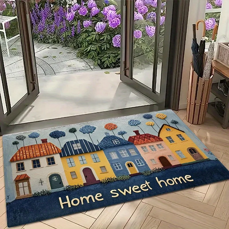 2D Flat Colorful Houses Home Sweet Home Text Oil Painting Style Flannel Bath Mat Non Slip Cozy Village Rug For Bathroom Kitchen