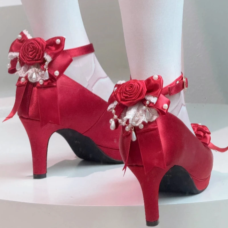 Japanese Original Spring 2026 New Original Lolita Bow Love Rose Satin High Heels Women's Sweet and Elegant Cal Lo Single Shoes