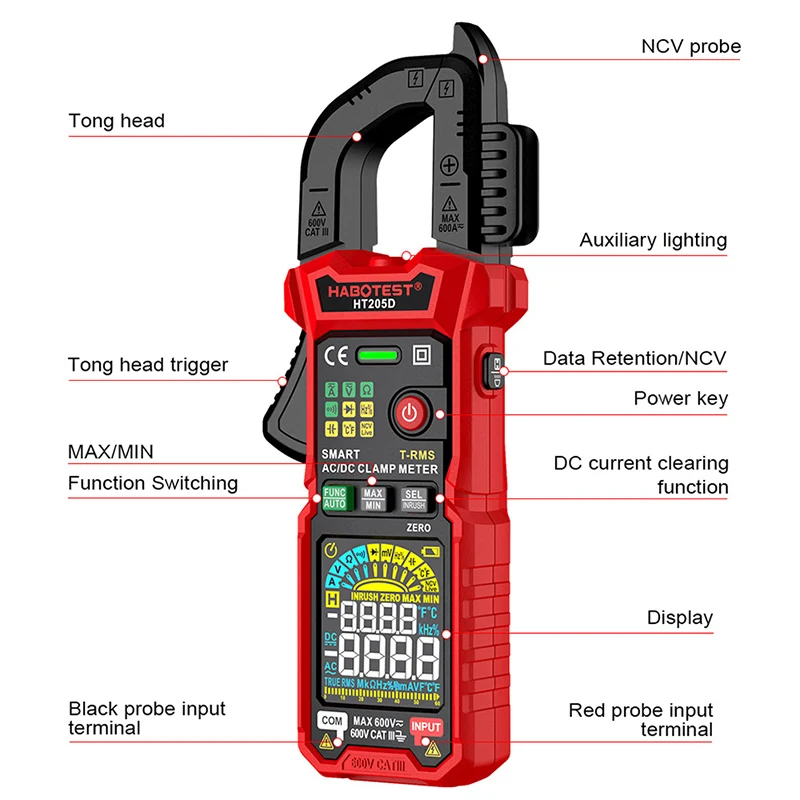 HT205 Digital Clamp Meter Professional Multimeter Ammeter Plier Auto Range True RMS NCV DC AC Voltage Inrush Current Temp Tester