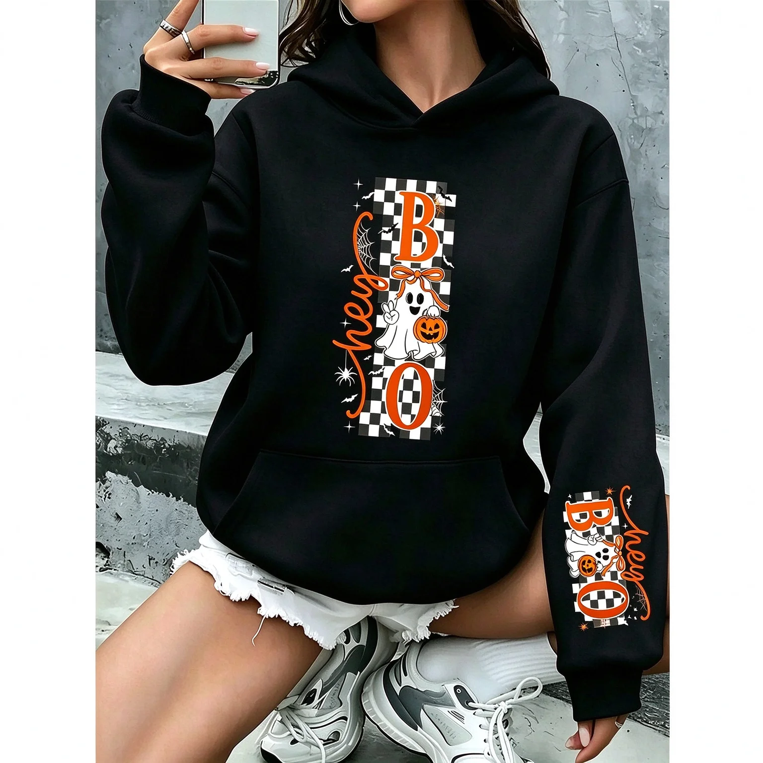 Women Hoodies Cute Hey Boo Ghost Bow Halloween Pumpkin Bat Spider Graphic Sweatshirts Long Sleeve Casual Hoody Tops for Party