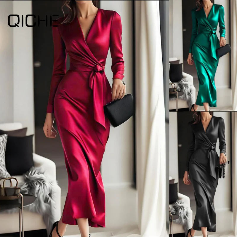 QICHE 2026 Fall New Women Sexy V Neck High Waist Tie Waist Slim Maxi Dress, European Style Long Dress