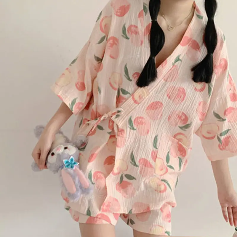 Pink Pajama Sets Women Sweet Casual Simple Design Stylish Japanese Style Lace-up Print Summer Home Lounge Wear Cozy Breathable