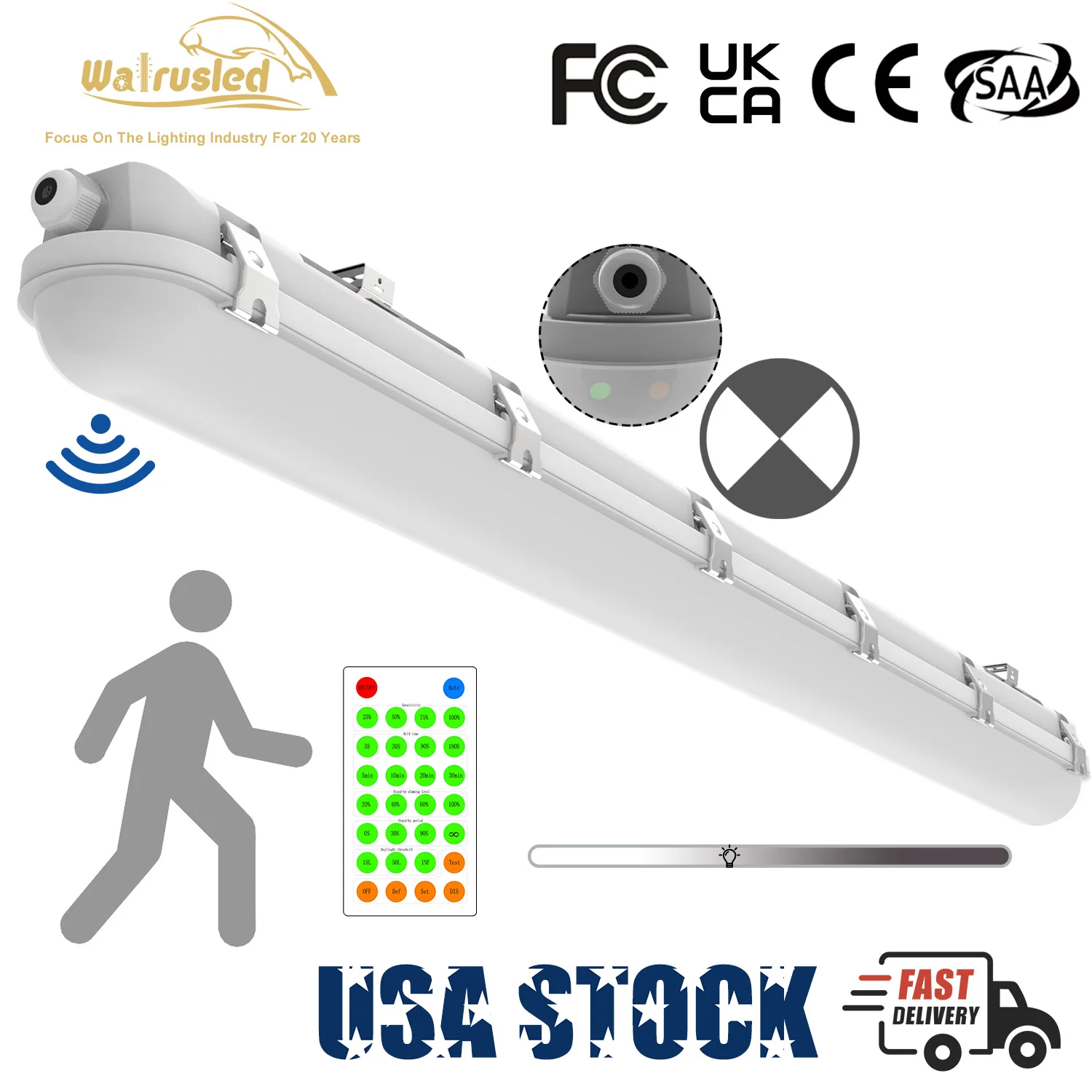 

4 Foot Tri-Level Motion Sensor LED Waterproof Outdoor Shop Emergency Light w/Remote, Battery Backup IP65 40W 5000lm Dimmable FCC