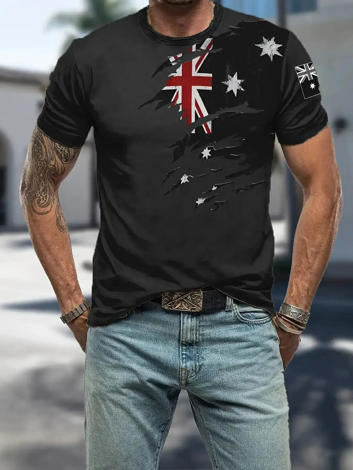 New men's short-sleeve T-shirt, loose-fitting and tailored with printed designs, versatile basic crew-neck top suitable for spri