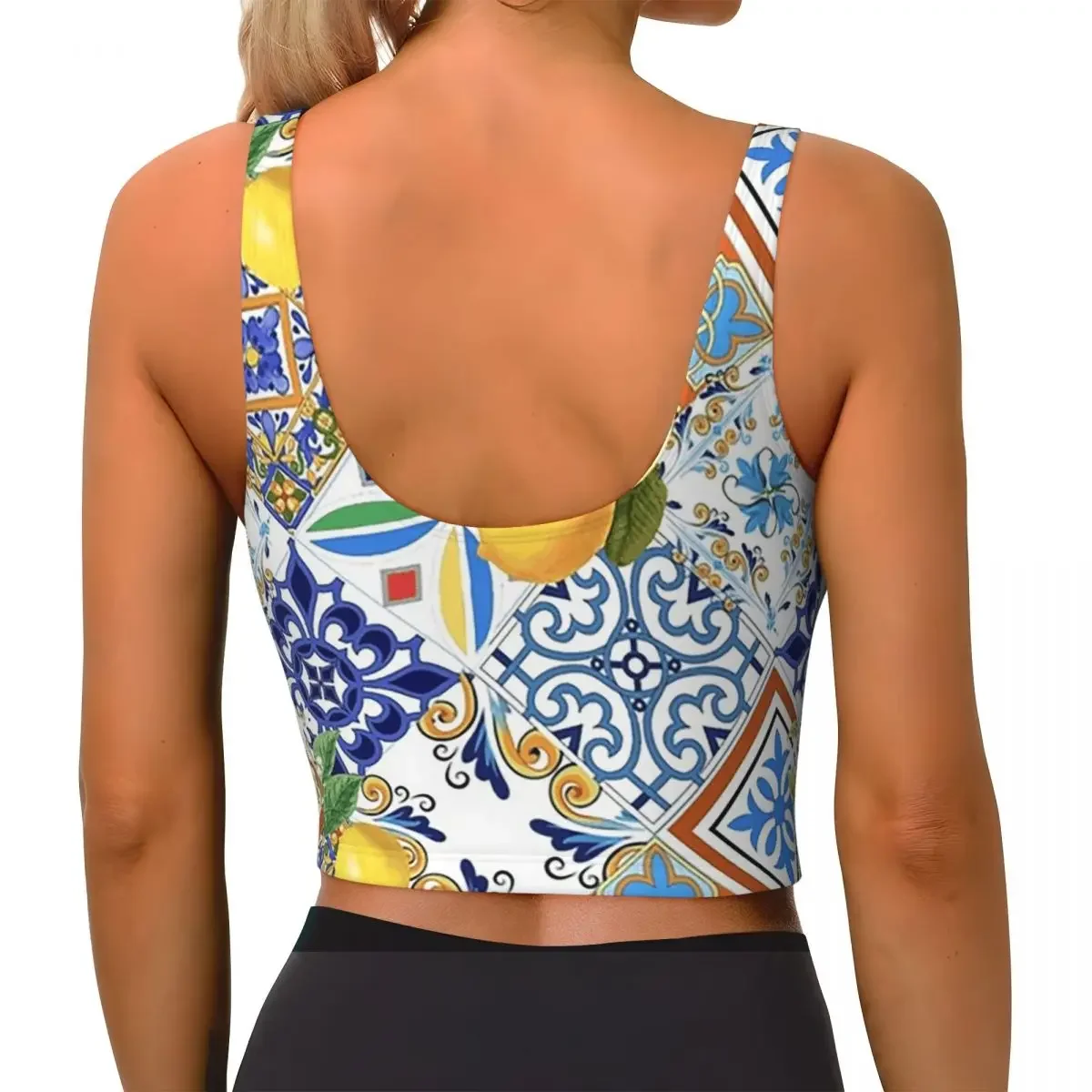 Custom Mediterranean Tiles And Lemon Women Sports Bras High Impact Vest Gym Workout Yoga Crop Tank Tops