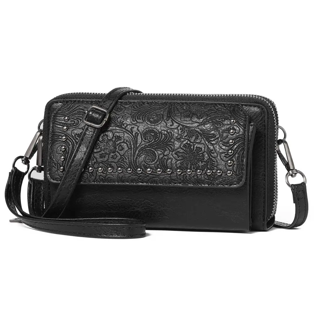Women's Retro Western Embossed Crossbody Purse, Studded Faux Leather Multi-Zip Shoulder Bag, with Adjustable Strap