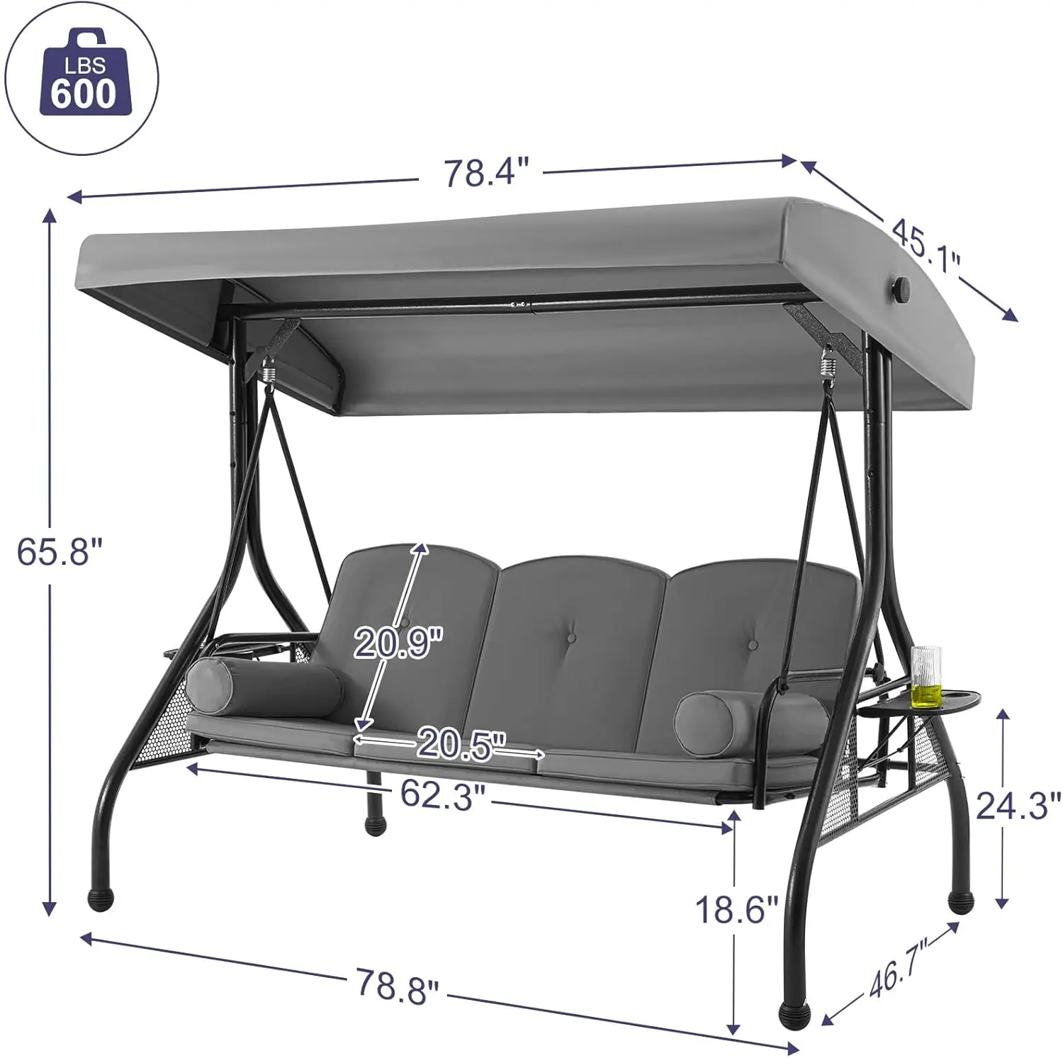 GYUTEI altalena da esterno a 3 posti con portabicchieri profondo 1.5 ", sedia a dondolo per veranda con schienale regolabile e baldacchino, esterno