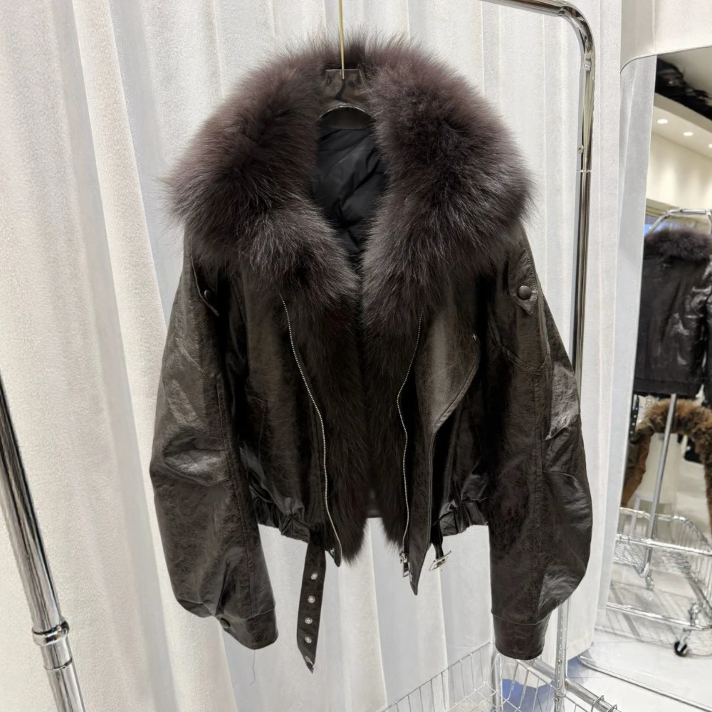 Women's Leather Jacket Soft Goose Down Jacket with Fur Collar Belted  Fur Outerwear Zipper Closure Ultra Warm for Street Style