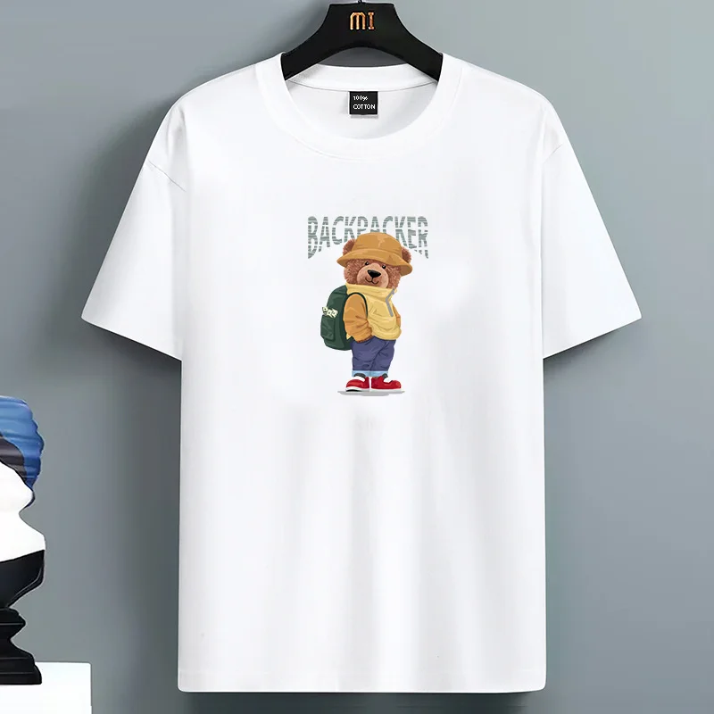 

Luxury Summer For Men's 100% Cotton Casual Loose Fit Bear Print Round Neck Short Sleeved T-shirt Top High Street Unisex Style