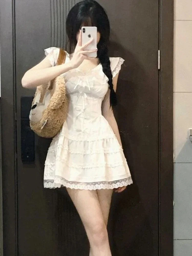 Lolita Sweet White Kwaii Cute Mini Dress Summer Lace Y2k Coquette White Lace Design Princess Short Dresses 2024 Fashion