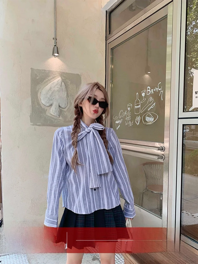 

Retro Sle Plaid Long Sve Women's irt Knot Design Loose Fit Faionable Autumn New Arrival Garment