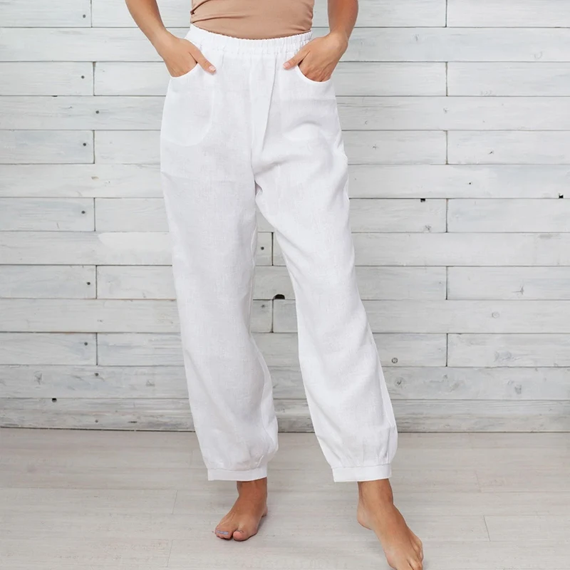 Pantalon Long en Coton et Lin pour Femme, Vêtement Simple et Élégant, Couleur Unie, Confortable, FJHomewear, à Ceinture artificiel astique, à la Mode