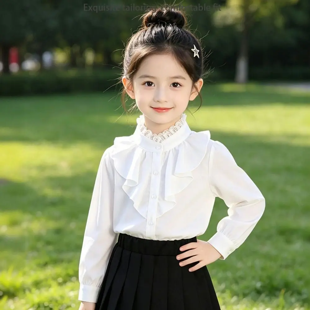 Casual White Girl Long Sleeve Shirt Long Sleeve Chiffon Fabric Girl White Blouse Button Front Lace Clothing for Teenagers