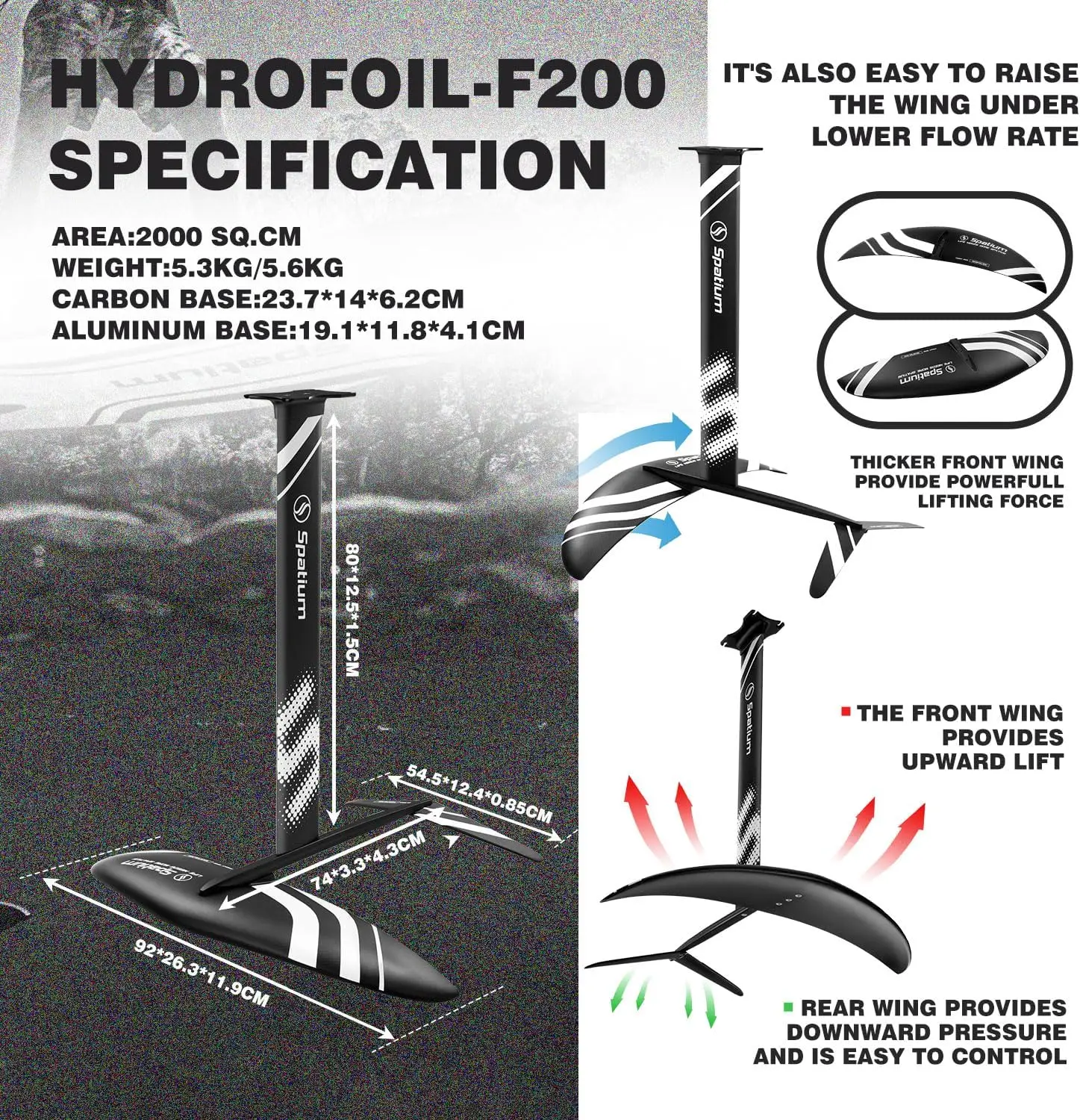 Deska hydrofoilowa Spatium do surfowania z akcesoriami hydrofoilowymi: pompka do pompowania, plecak, bezpieczna smycz, zestaw naprawczy hydrofoil szary
