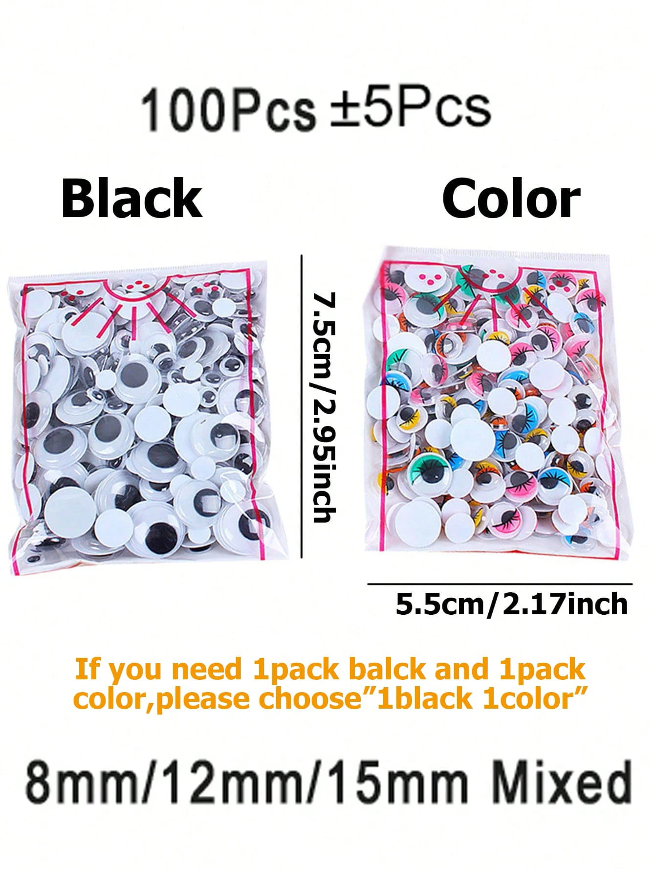 Olhos móveis DIY artesanais, olhos de boneca criativos, tamanho múltiplo disponível, cor preta, 1 pacote = 100pcs, 1 pacote, 2 pacotes