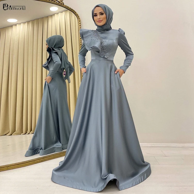 Robes De Soirée Long Sleeve Muslim Evening Dresses Satin Beaded A Line High Neck Arabic Dubai Formal Evening Gowns for Women