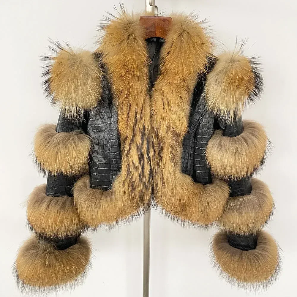 2024 nouveau manteau de fourrure véritable veste d'hiver femmes en cuir véritable naturel raton laveur fourrure de renard duvet de canard vêtements d'extérieur épais chaud Streetwear