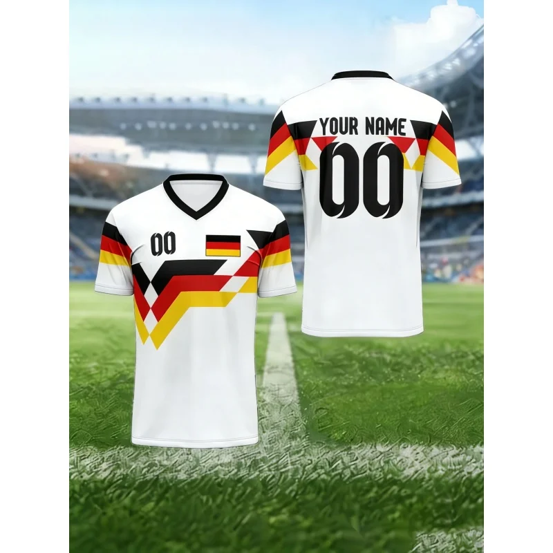 Deutschland-Trikots, Muster-T-Shirt für Herren, Fußball, individuell gestaltete, 3D-gedruckte Kurzarm-Tops, Sommer-T-Shirts mit lockerem V-Ausschnitt, Sport-T-Shirts