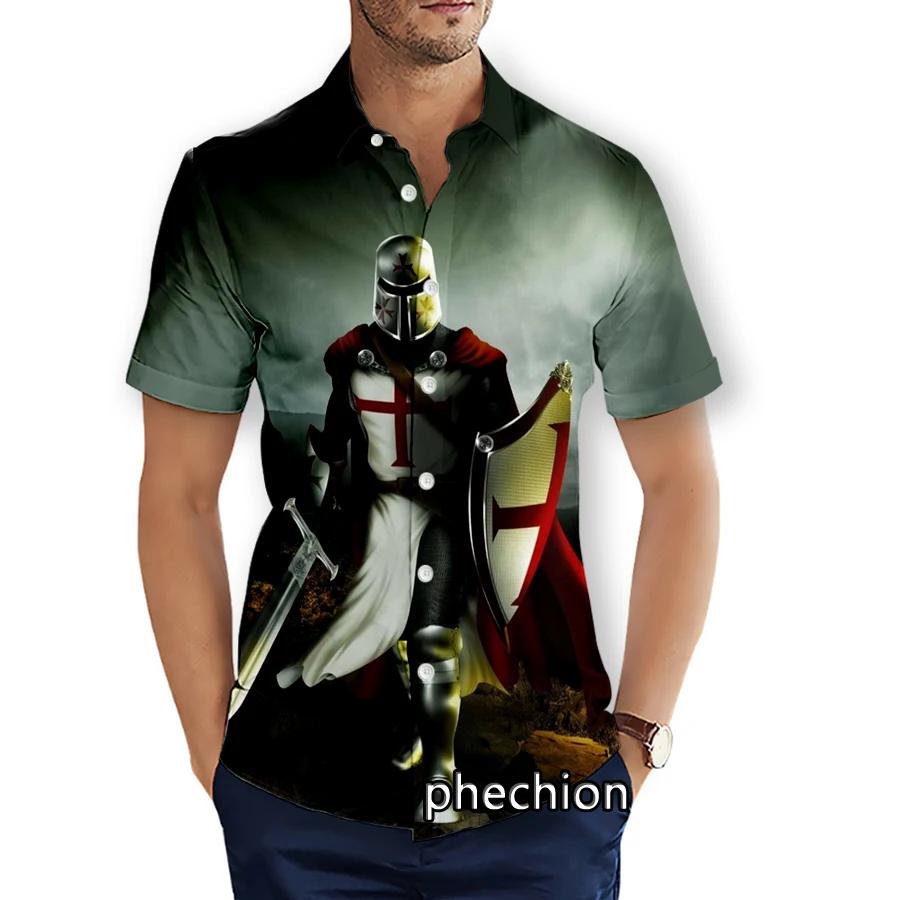 phechion Summer Mens Short Sleeve Beach Shirts Knights Templar 3D Printed Casual Shirts Fashion Streetwear Men Tops X88