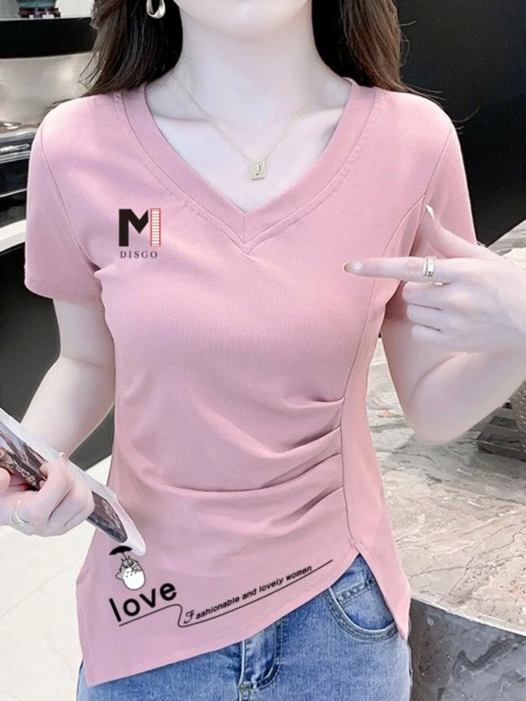 T-shirt V-Ne ort Sve in puro cotone da donna Summer Slim Fit Faionable Top Design Sense Irregolare Creative Sle