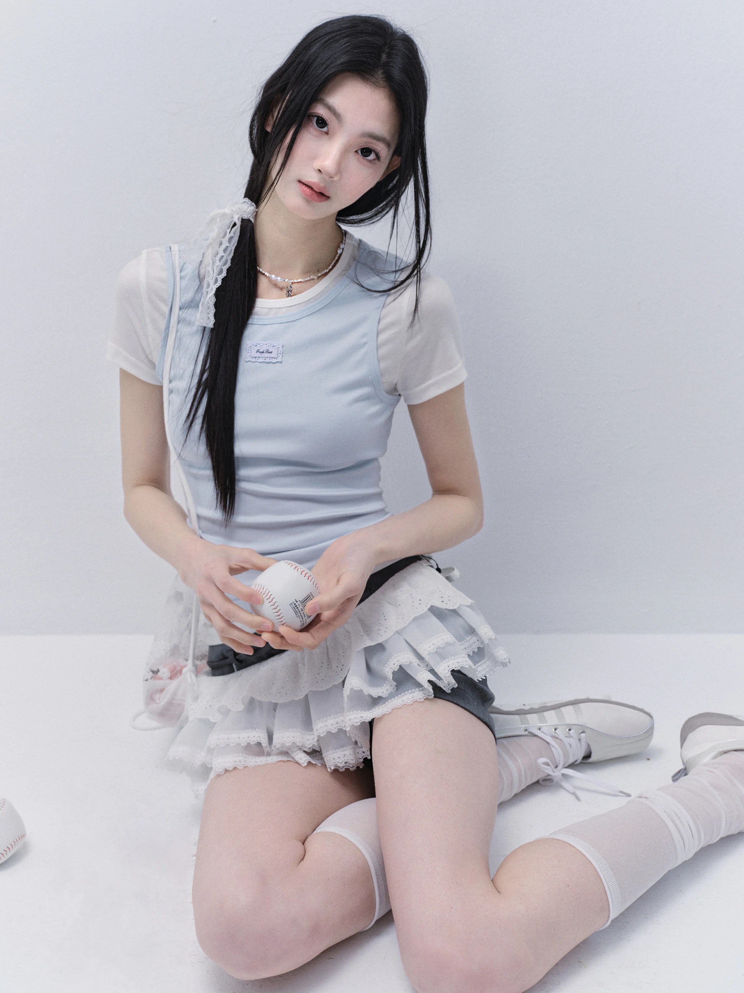 

Fragile Heart Korean Style Short Sleeve Slim Fit T-Shirt Versatile Blue White Patchwork Casual Summer Top for Young Women