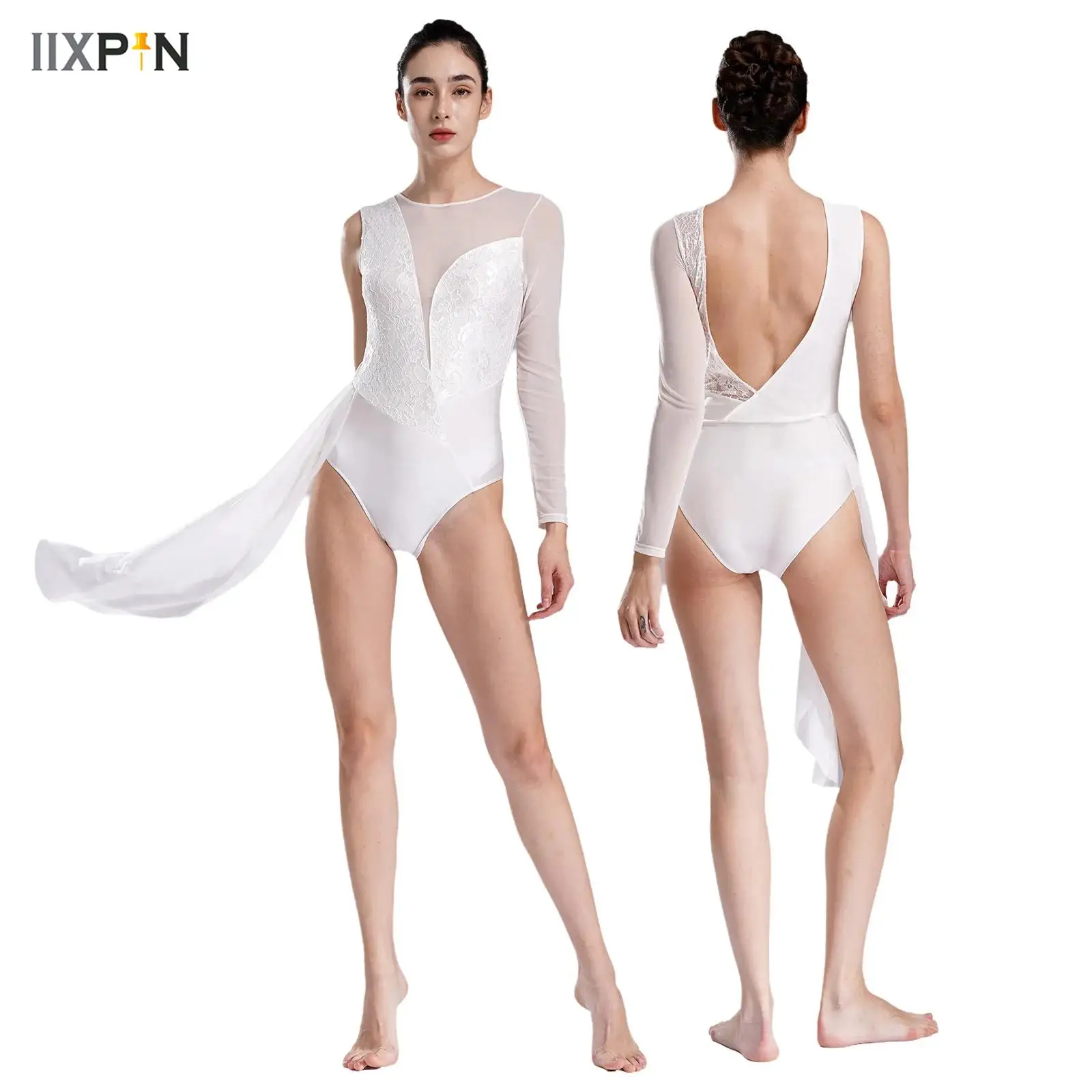 

Womens Ballet Lyrical Dance Leotard Floral Lace Sheer Mesh Splice Deep V Back Long Sleeve Bodysuit Ballroom Gymnastics Leotards