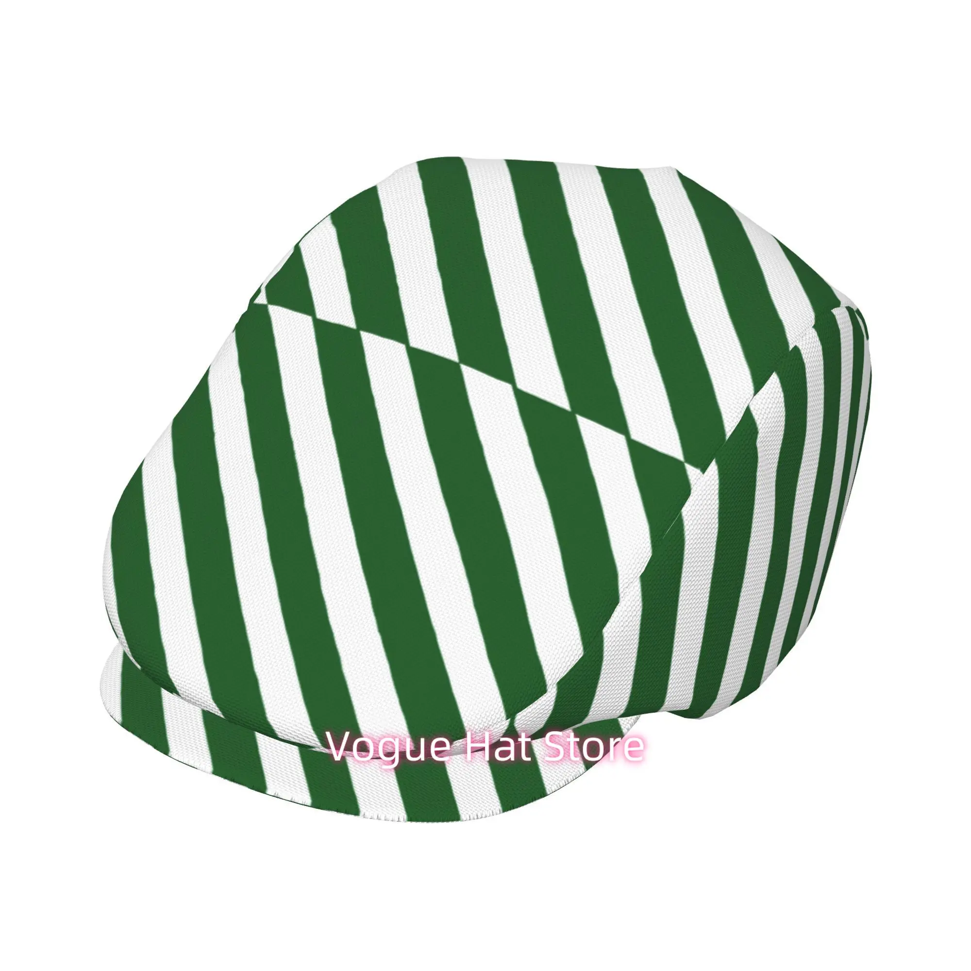 1pc Men's & Women's Retro Green & White Striped Beret Cap - Elegant All-Over Print Newsboy Hat, Adjustable Snapback Closure, Sof