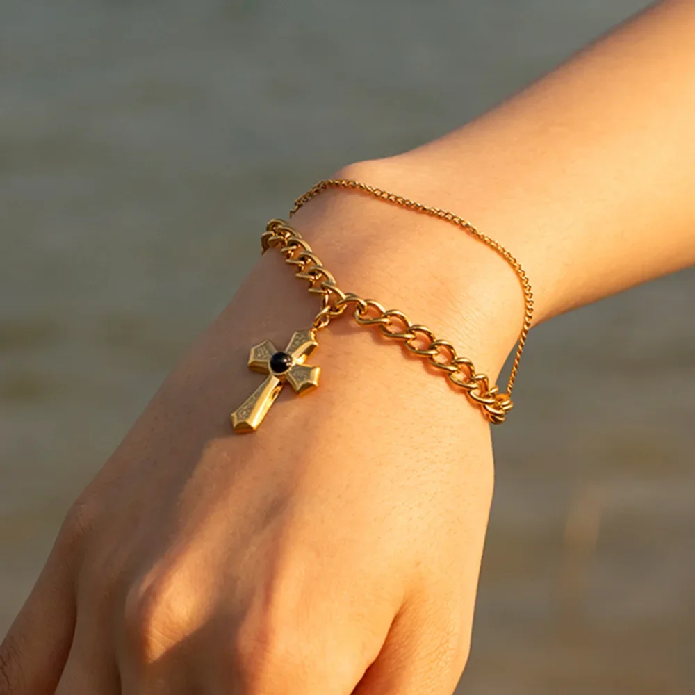 PRISCA | Luxury Cross Bracelets for Woman. Stainless Steel Punk Jewelry Banquet Gift Modern 2025