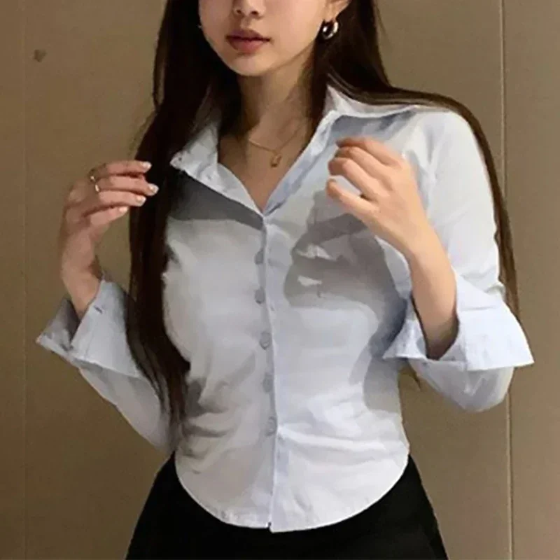 2025 novo feminino coreano branco escritório feminino chiffon camisa bolso botão lapela senhoras blusa primavera commuter manga longa colheita topos
