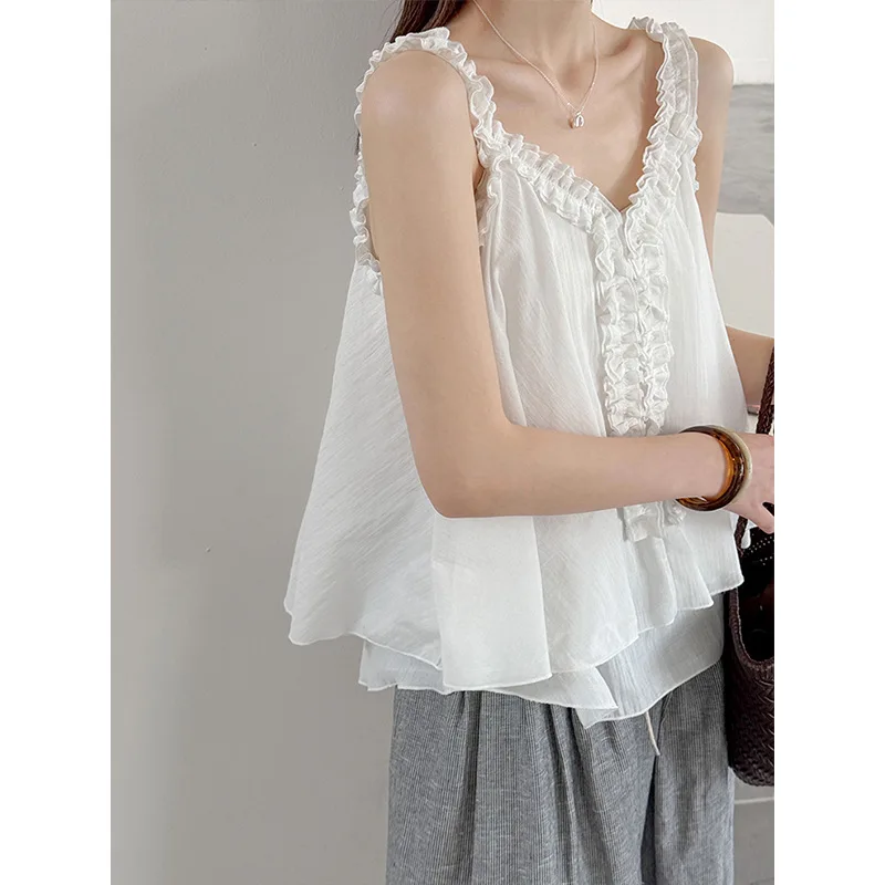 Summer New Korean Style Gentle Atmosphere Sleeveless Loose Design Lace Top