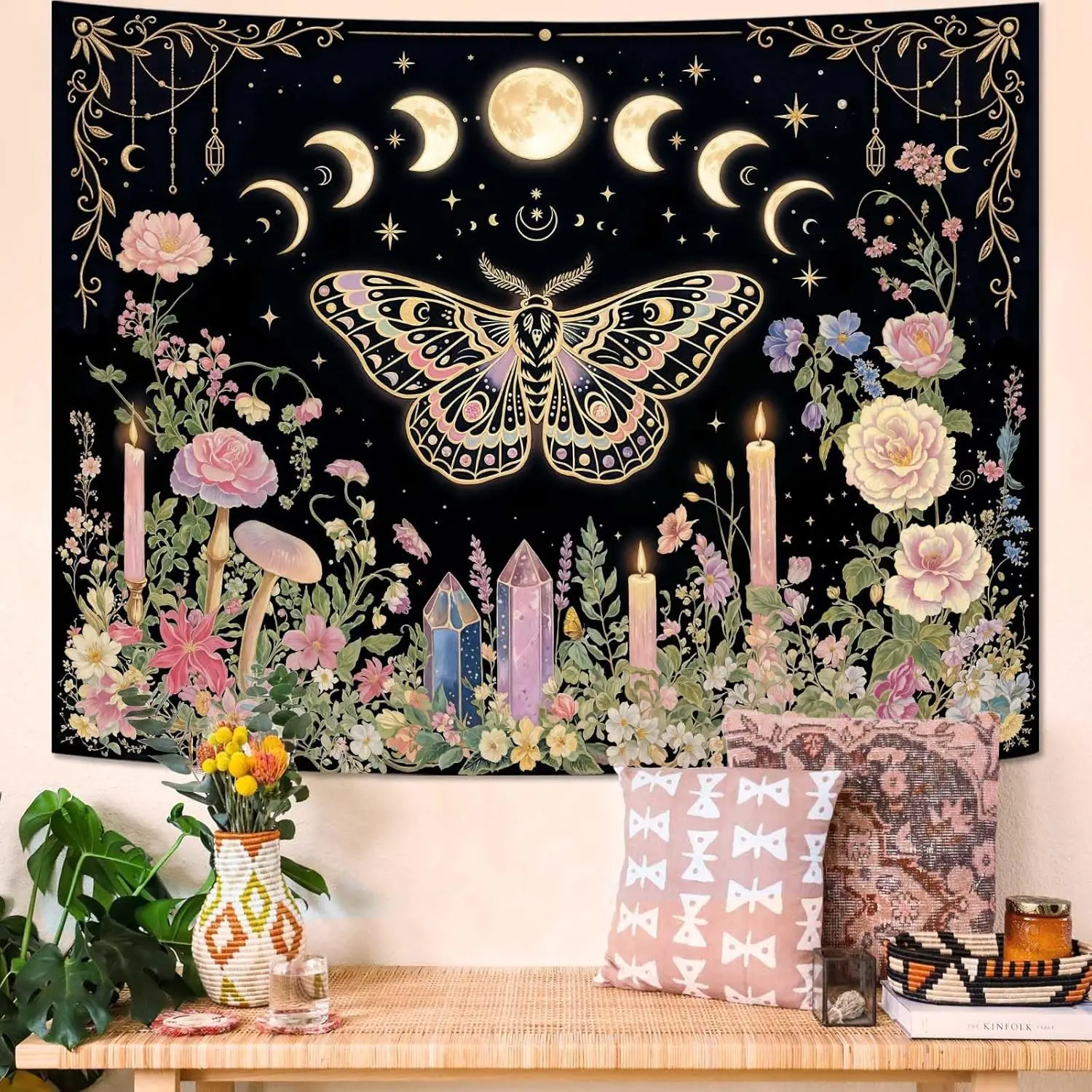 Butterfly Tapestry Wall Hanging Moon Phases Floral Candle Crystal Black and Pink Tapestries for Bedroom Aesthetic Wallpaper