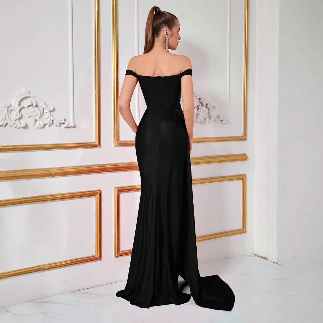 Sexy Floor-Length One-oulder Gown Open Split Par Evening Dr Silk Fabric mid Waist Stand Collar for Women's Special Occ...