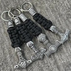 Nostalgia 1Pcs Viking Thor Hammer Handmade Paracord Keychain For Car Keys Holder With Runes Bead Diy Accessories