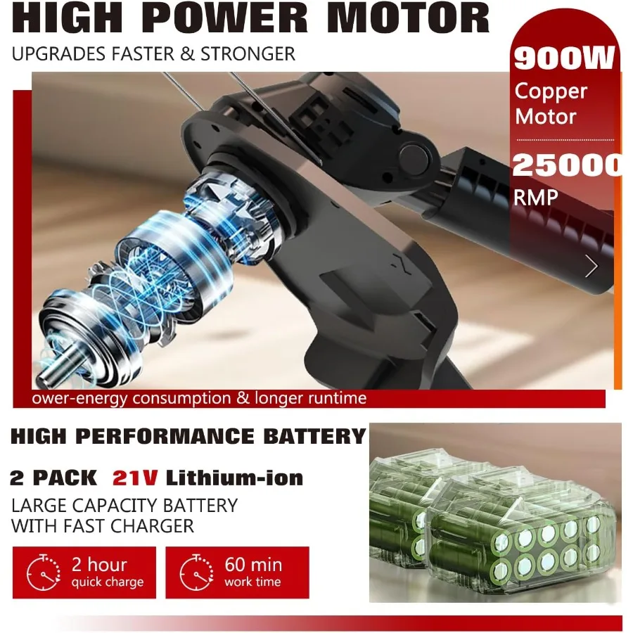 Elektryczny podkaszacz do trawy, akumulatorowy, bezprzewodowy, 21V, lekki, bez sznurka, z 2 akumulatorami, z kółkami, 3 w 1