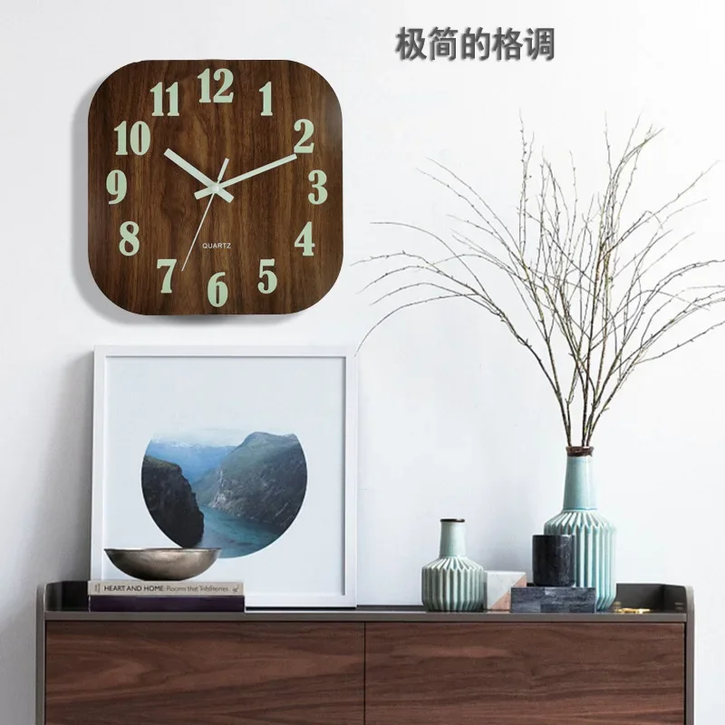 30CM Square Luminous Wooden Wall Clock Silent Clock MDF Wood Grain Luminous Creative Fluorescent Wall Clocks horloge murale