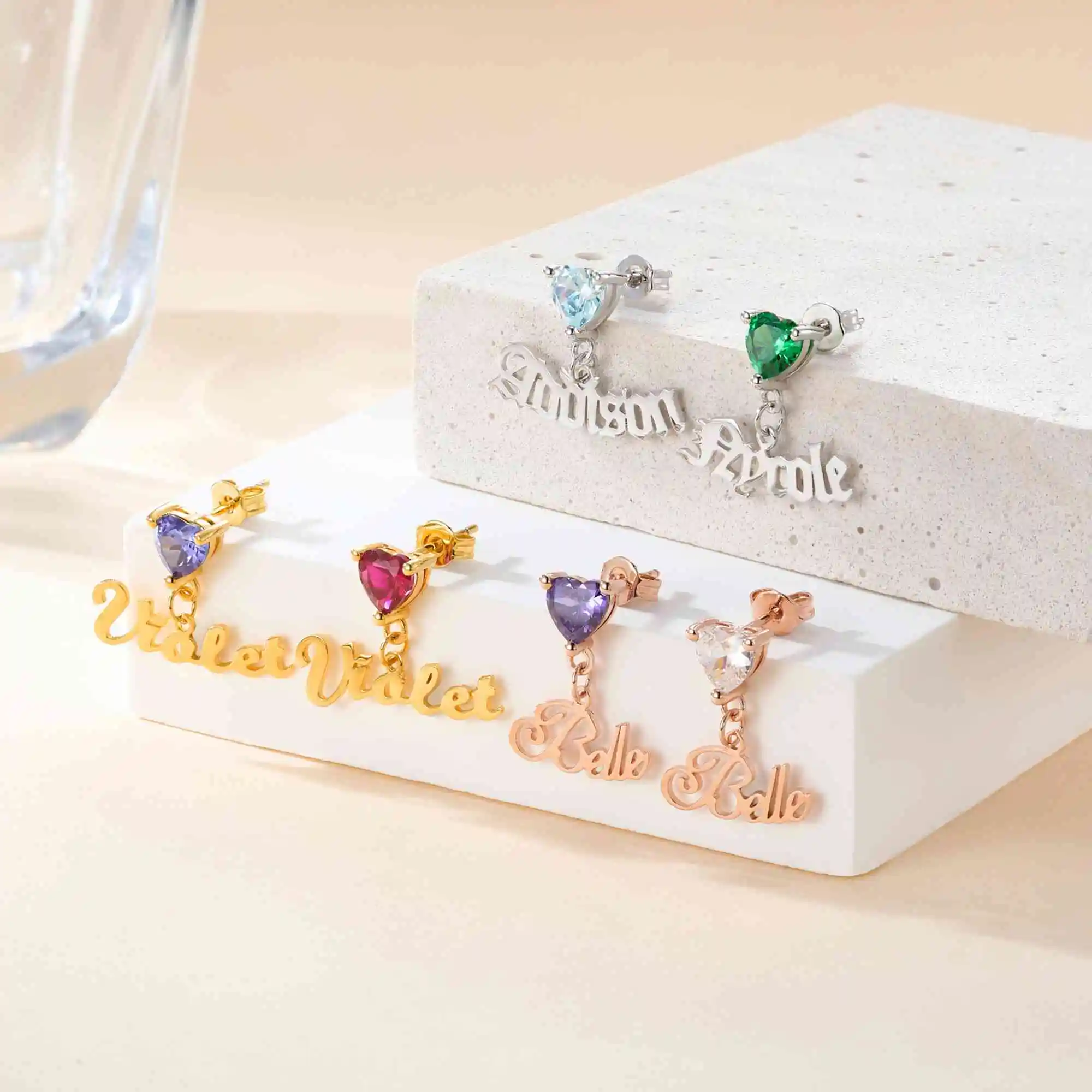 Personalized Heart Birthstone Earrings Dainty Jewelry With Custom Name Charm Mother's Day Anniversary Birthday Gift For Women