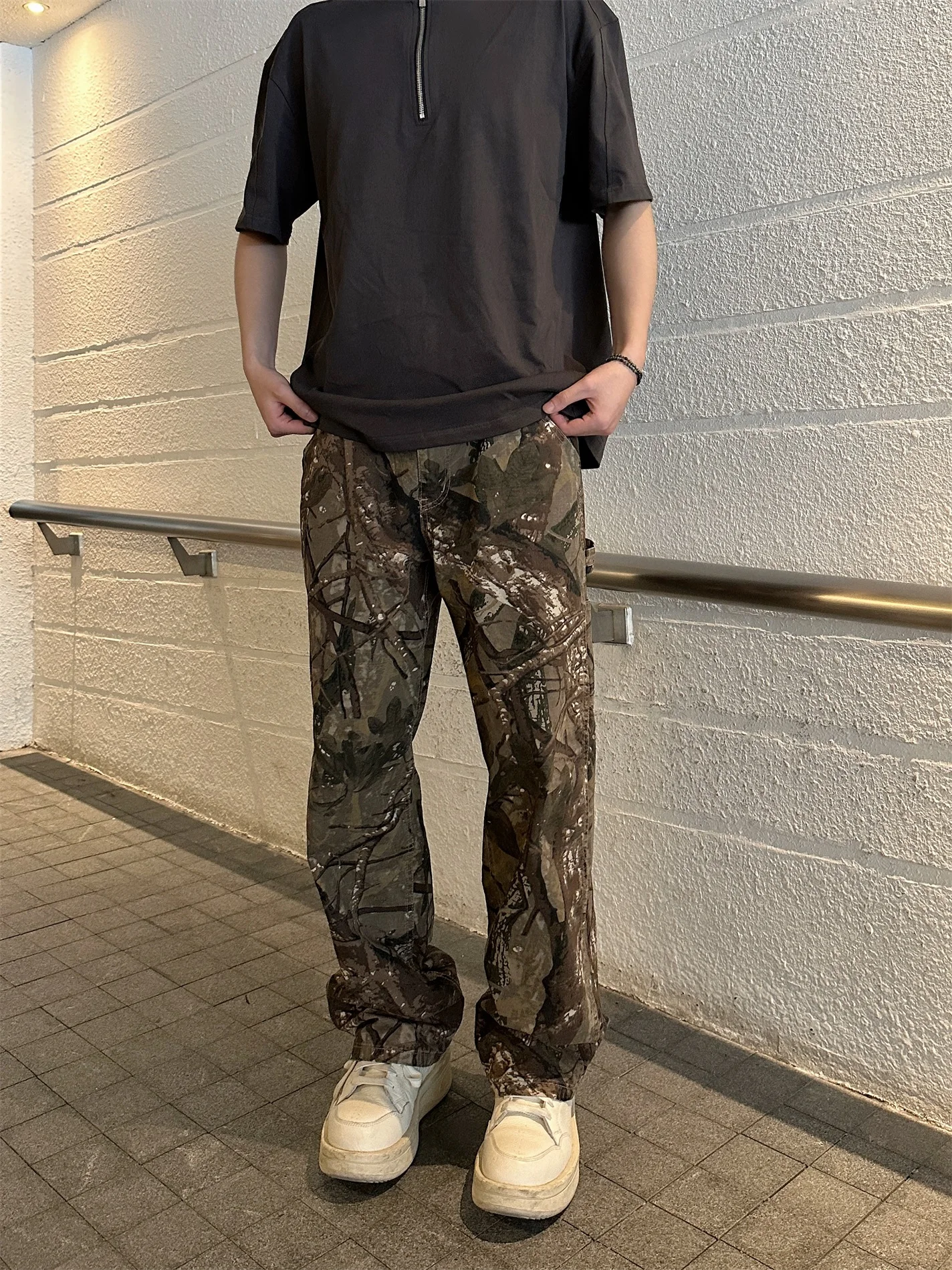 

American High Street Vibe Camouflage Print Loose Straight Leg Workwear Pants ex Retro Street Sle Casual Trousers