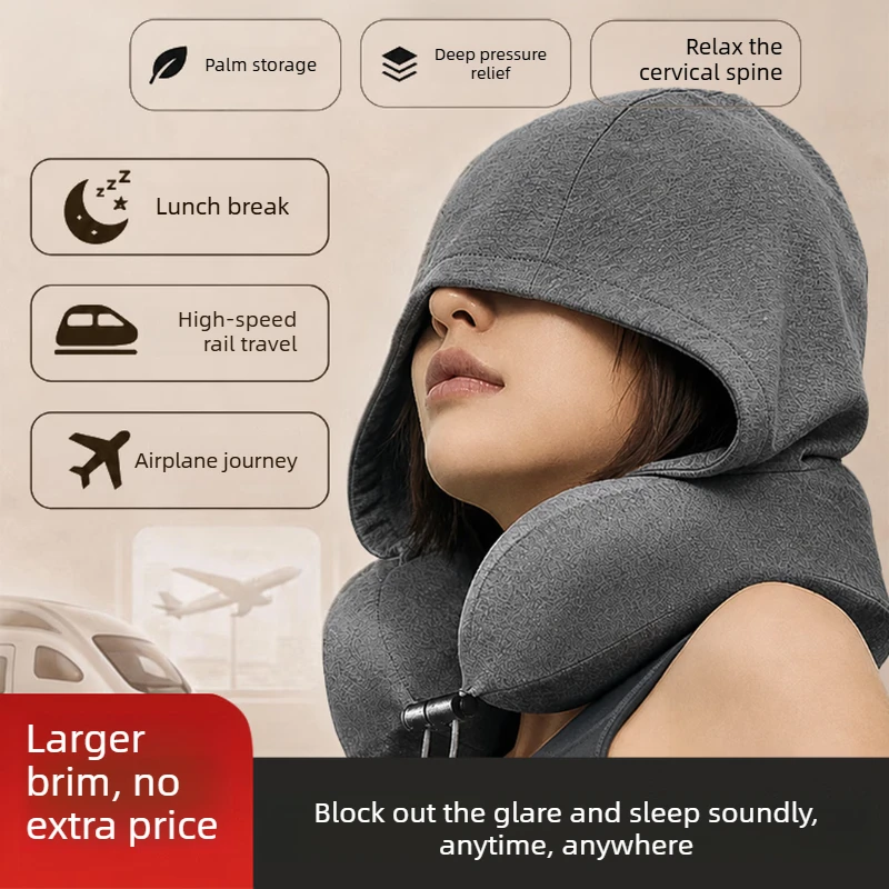 Memory Foam Hooded U Shape Travel Pillow, Slow Rebound Neck Cushion with Blackout Hood, Breathable Fabric for Flights Trains
