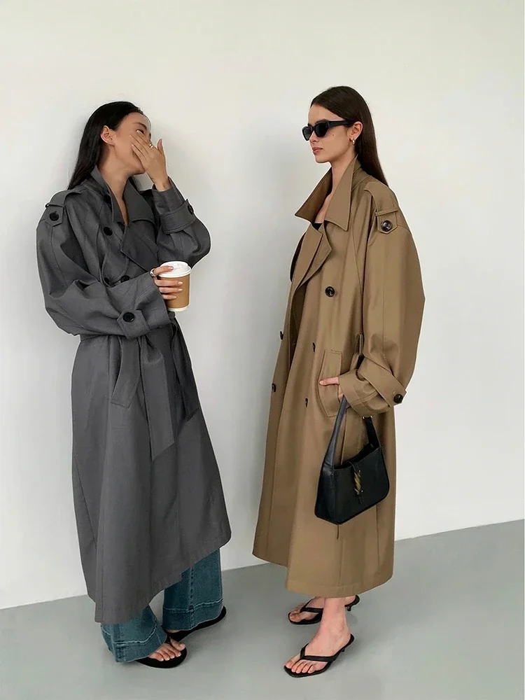 

2024 new Spring Autumn Oversized Khaki Long Grey Trench Coat for Women Double Breasted Loose Casual Korean Fashion Overcoat