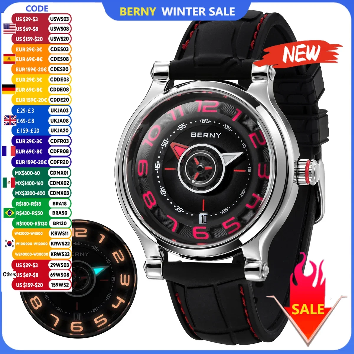 BERNY Men's Mechanical Watch Sapphire Miyota 8215 Multifunction Super Luminous Watch Compass Tire Dial Cool Play Men Wristwatch