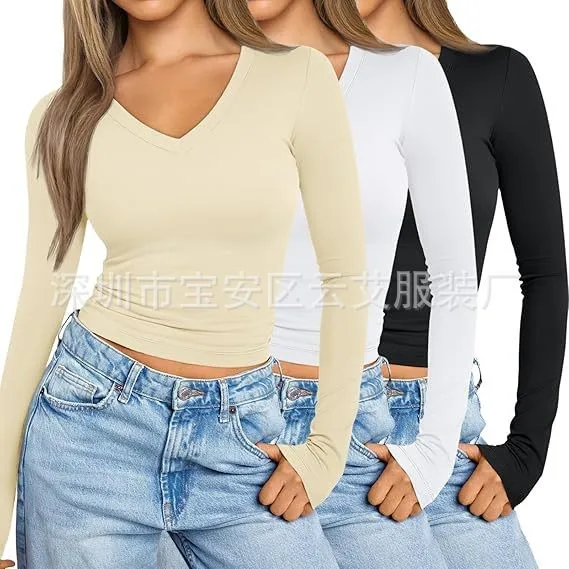 Women's V Neck Slim Fit Solid Color Bodycon T-shirt | Women's Blouse Casual Basic Tee | Stretch Fabric Cropped Top | Perfect