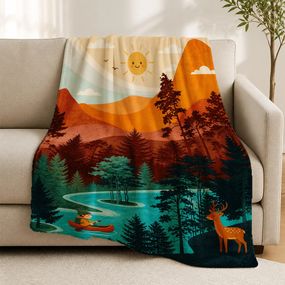 Cozy Nature Woodland Deer Forest Landscape Throw Blanket Boho Sofa Lap Blanket Rustic Autumn Fall Decor Gift for Couch