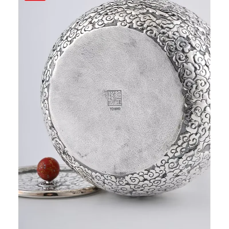 Custom pattern Chinese luxury decoration 1100ml hand-hammered sterling silver teapot set with tea filter wooden handle lid