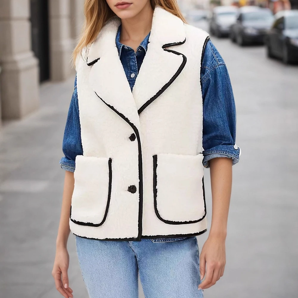 

Fashion Black Lamb Wool Vest Autumn New European And American Style Export with Lapel Hemming Design Women's Top