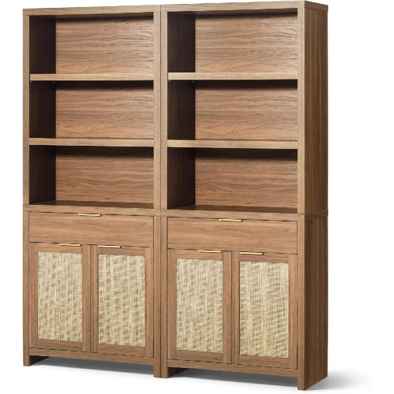 Bookcase, Rattan Bookcase With Doors Cabinet And Drawer, 5-Tier Bookshelf, Large Wooden Book Case, Tall Bookshelves For Library