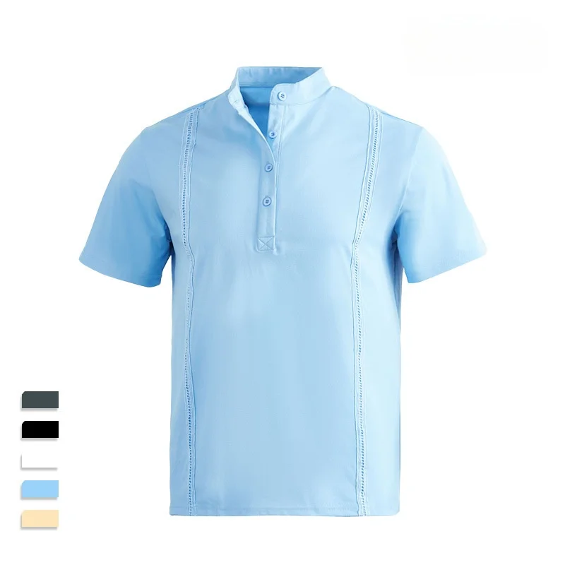 Men Casual Stand Collar Henley Shirts Short Sleeve Half‑Button Loose Fit Linen Blend Shirt Beach Daily Wear