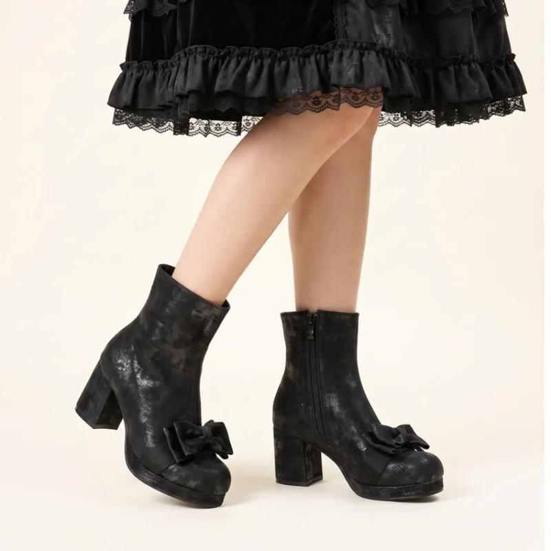 Girls Cute Lolita Boots Bow Mid Chunky Heel Cosplay Party Costume Women Ankle Short Boots School Dress Shoes 32-48