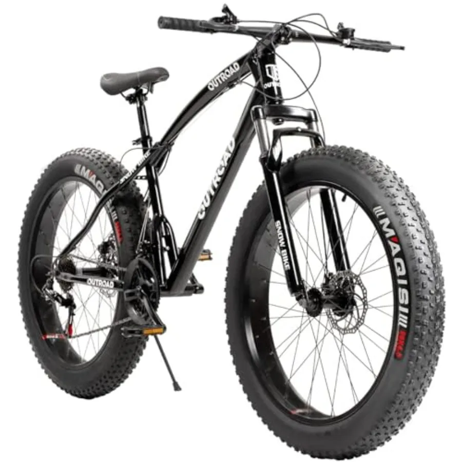 

26 Inch Fat Tire Mountain Bike with Dual Disc Brakes Black 7 Speeds Gear High Carbon Frame Front Suspension 4 Inch Wide Tires F