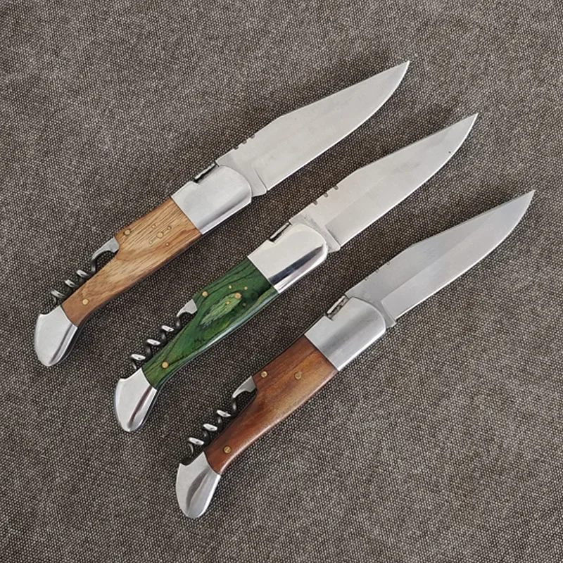 Outdoor Camping Folding Knife Wood Handle Pocket Knives Picnic Fruit Steak Dinner Cutlery Wine Bottle Corkscrew Household Tool